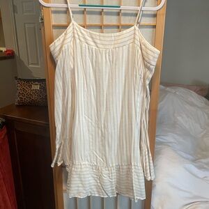 re:named Striped Mini Dress with Off-The-Shoulder Long Sleeves and Ruffled Hem